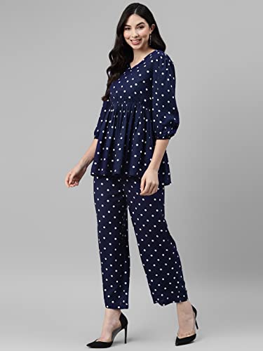 Image of DEEBACO Women's Polka Dots Rayon Flared Tunic & Pants Set for Women|V Neck Full Sleeves Top & Elastic Waist Pant Western Casual Wear Relaxed Fit Cord Set Outfit for Ladies (DBCOMR00000821 S Navy Blue)