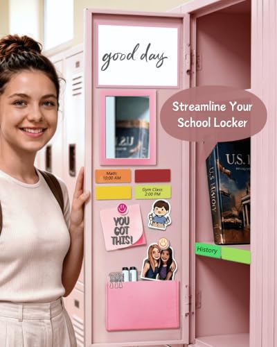 Image of Mymazn Locker Accessories Kit Magnetic Mirror for School Locker Rose Pink | 14 Pcs Includes Magnetic Mirror, Whiteboard, Pen Holder, Magnetic Labels & Locker Magnets. Fits School Lockers Office