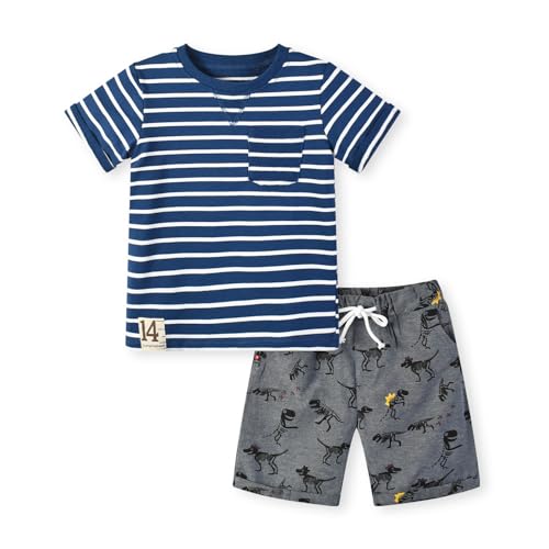 Image of HILEELANG Toddler Boy Summer Short Clothes Sets Cotton Crewneck Tees Shorts Pocket Adjustable Knite Shorts Playwear Sets