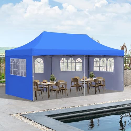 Image of 10x20ft / 3x6m Pop up Outdoor Canopy Tent | Portable Shade Instant Folding Gazebo Tent | Heavy Duty Gazebo Canopy Shelter 2 Mins Installation | 40Kgs (Classic Blue with with 3 Window Side Walls)