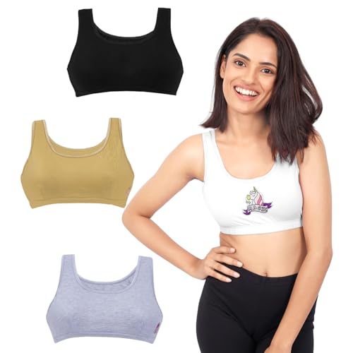 Image of DChica Sports Bra for Women, Cotton Non Padded Full Coverage Non-Wired T-Shirt Gym Workout Bra with Regular Broad Strap, Activewear Training Bra for Ladies