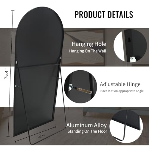 Beauty4U 76" x 37" Arch Large Full Length Mirror with Stand, Black Wall Mounting Full Body Mirror, Metal Frame for Living Room, Bedroom