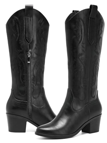 Women's Cowboy Boots Knee High with Side Zipper Wide Calf Cowgirl Boots Comfortable Western Classic Embroidered Pointy Toe Fashion Retro Classic Pull On Tall Boot Fall Winter