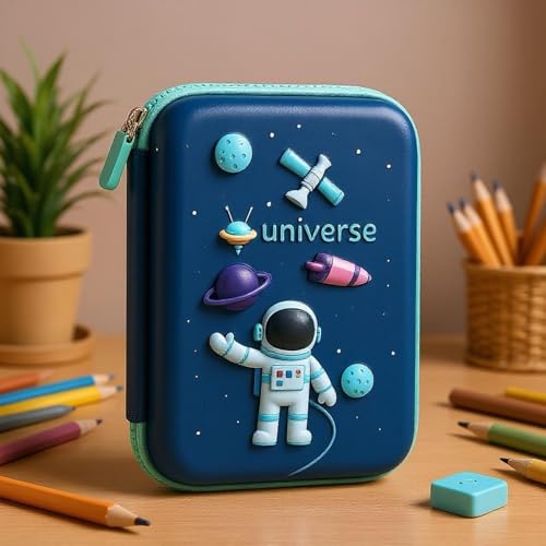 Image of Famyo Blue Astronaut & Space Pencil Box for Kids | Hard Shell School Stationery Organizer | Aesthetic Pencil Case for Boys & Girls | Cute Stationery Item for School & Travel