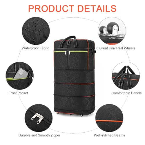 Foldable Duffel Bag,Large Expandable Rolling Travel Duffle Bag with Wheels Waterproof Collapsible Luggage Carry on Duffel Bag with Wheels and Handle-Black3