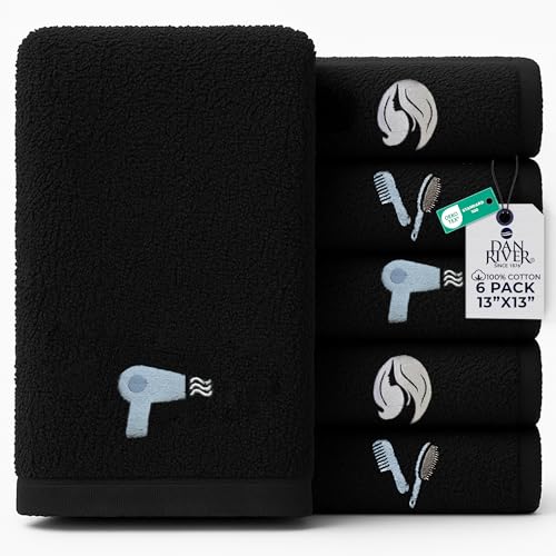 DAN River Black Makeup Towels - Pack of 6 (13x13 in) - Ultra Soft Cotton Face Towels with Embroidery - Reusable, Quick-Dry & Machine Washable Makeup Remover Cloths for Bathroom, Spa & Salon