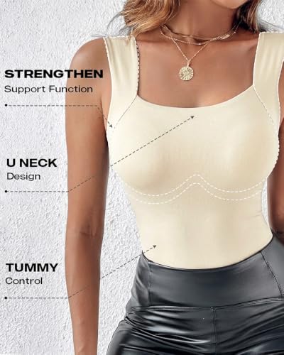 Image of CHICME Womens U Neck Shapewear Built-in Bra Tank High Strechy Sleeveless Slim Fit Tops Camisole Workout Tops