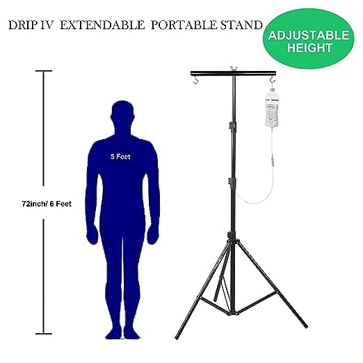 Image of YUAGM Hospital Iron Saline IV drip Glucose Stand 6 Feet For Hospital, Clinic, Home & Multiple Adjustable Hose Stand with Carry Bag & 2 Hook Rod (6ft Stand + 2 Hook Holder)