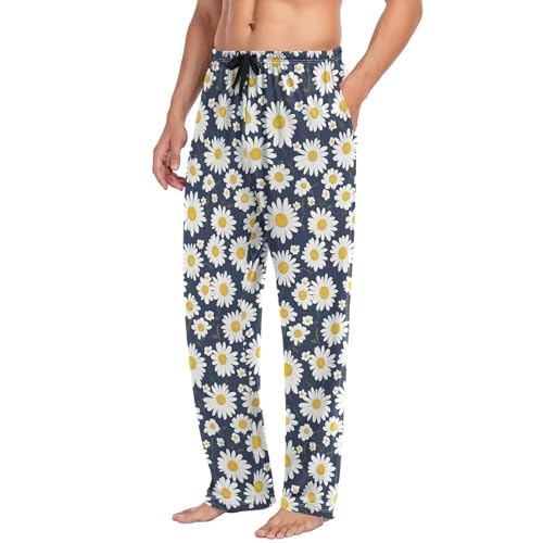 White Daisy Men’s Pajama Bottoms Soft Lightweight Lounge Pants with Elastic Drawstring Waist4