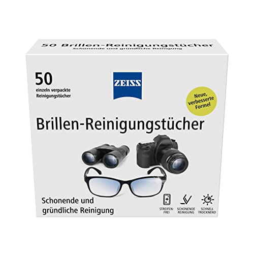 Zeiss Toallitas limpiadoras con Alcohol, 50 Unidades para una Limpieza Suave y Profunda de Tus Gafas, Cada paño se empaqueta Individualmente, Ideal para Viajes o Viajes, Transparente