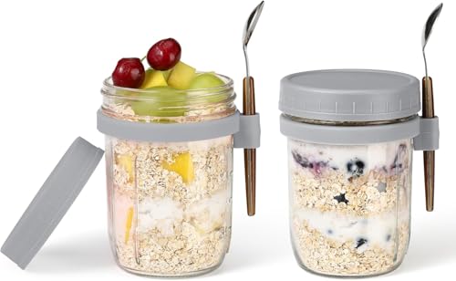 Image of PATZY 350 ml Oats Container With Lids And Spoon set of pc Glass Mason Jars For Overnight Oats Leak Proof Container with Measurment For Cereal Fruit Vegetable Milk Salad Yogurt (Multicolor) (2)