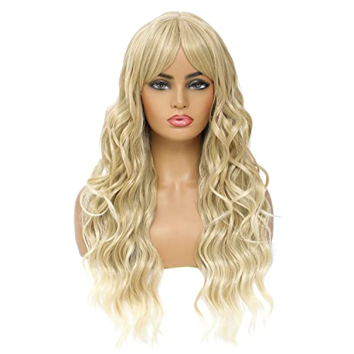 Perruque synthétique longue bouclée blonde claire ombré SWACC avec frange et bonnet pour femme