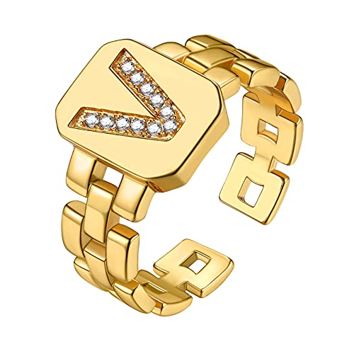 GoldChic Sello Anillo Oro Dedo de Amistad con Inicial de Nombre Anillo de Letra V Anillo Banda Hombre Dorado Pareja Regalo Navidad Reyes Magos