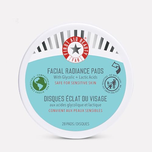 First Aid Beauty - Facial Radiance Pads with Glycolic & Lactic Acids Daily Exfoliating Pads with AHA Visibly Smaller Pores Help Tone & Brighten Skin One-Step Makeup Prep Compostable 28