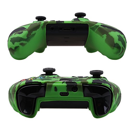 Image of YoRHa Water Transfer Printing Camouflage Silicone Cover Skin Case for Microsoft Xbox One X & Xbox One S Controller x 1(Green) with PRO Thumb Grips x 8