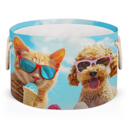 Large Collapsible Blanket Storage Basket for Gifts Empty, Ice Cream Animal Cats Dogs Puppy Round Fabric Laundry Hamper Basket, Baby Dog Toy Bins with Handle, Closet Organizer for Living Room(A-1786)