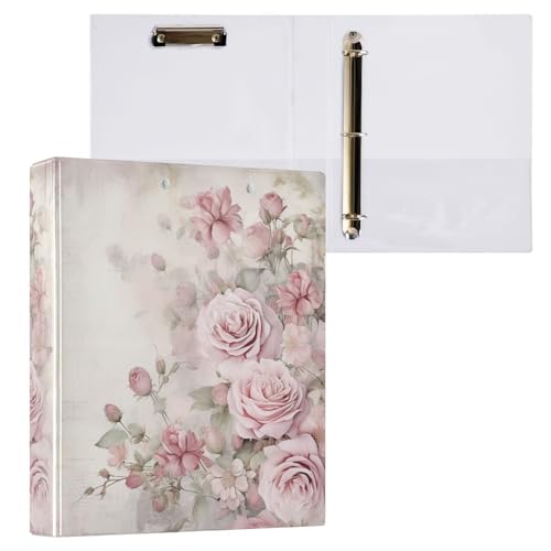 Image of 3 Ring Binder Pink Rose Flower Muted Color 1.5 inch Binders Three Ring Binders with Clipboard Fit 8.5'' x 11'' Paper 3 Interior PVC Clear Pockets for Office Supplies