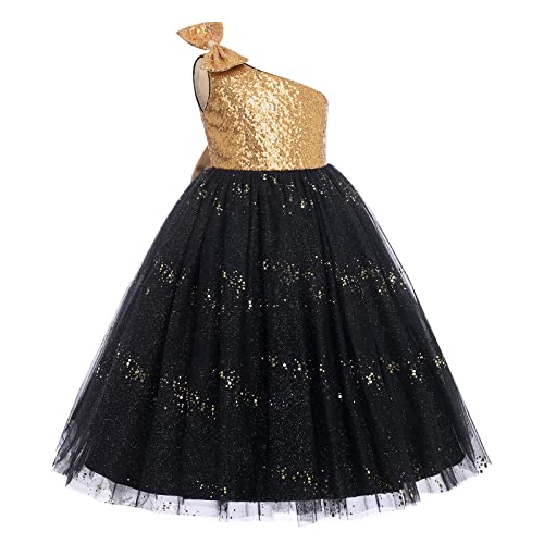 Kids Girls Bowknot Sequin Tulle Party Dress One-Shoulder Wedding Bridesmaid Flower Girl Dresses Pageant Formal Prom Ball Gown2