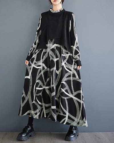 ellazhu Women's Dress Long Sleeve High Neck Random Strings Patchwork Black and White Pockets Loose GZ306 A3