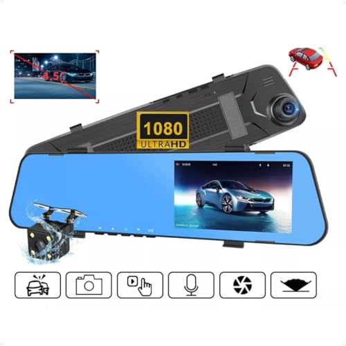 Kit Retrovisor Veicular com Tela, Câmera Frontal e Câmera de Ré 1080p Full HD, Gravador de 32GB, Alt