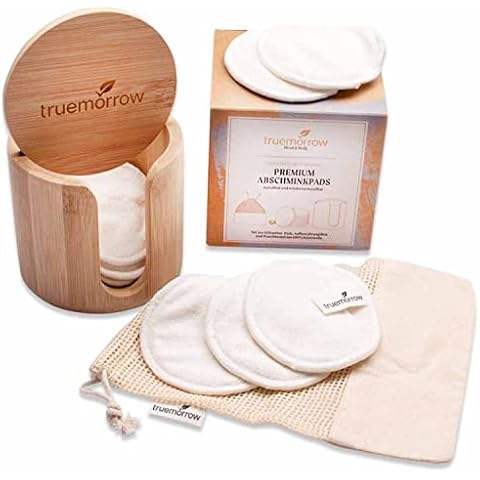 truemorrow Abschminkpads waschbar mit edler Bambusbox und Waschbeutel Cover