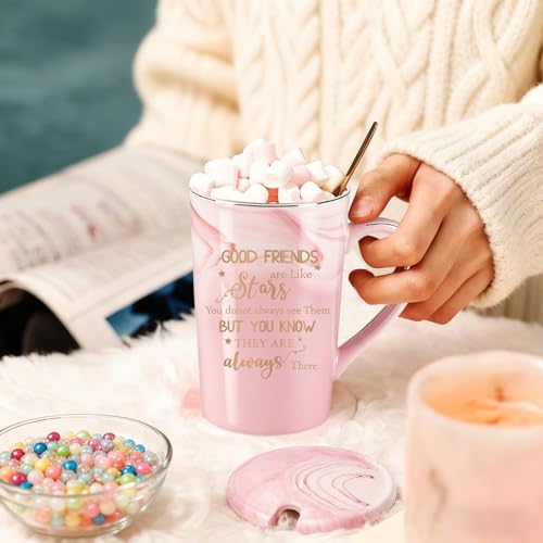Best Friend Birthday Gifts for Women – Friendship Present for Women, BFF Gift Idea for Female Besties | 400ml Pink Marble Ceramic Gold Print Coffee Mug with Spoon, Lid, Card & Gift Box