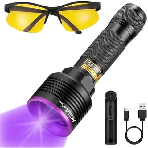 ALONEFIRE SV41 395nm UV Flashlight 10W Rechargeable Blacklight Black Light Urine Detector for Resin Curing, Dry Glue, Fishing, Minerals with UV Protective Glasses, Charger, Battery Included Cover