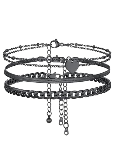 Image of FOCALOOK Anklet Bracelets Set for Women, 14K Gold Plated Waterproof Cuban Link Chain Layered Anklets Set for Plus Size Ankle 8-10.5 Inch Adjustable Summer Beach Jewelry Gift