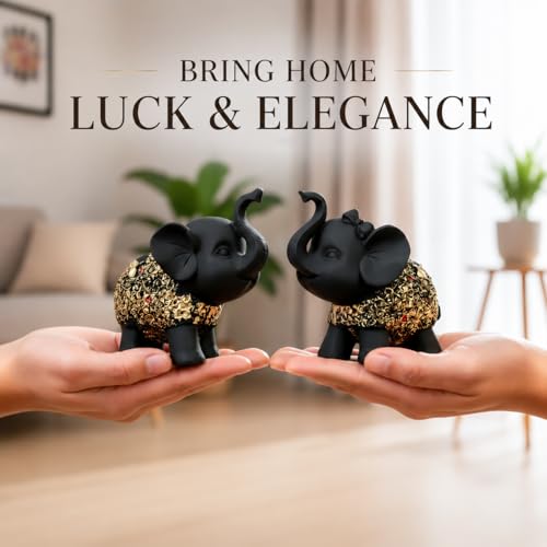 Image of HindCraft Elephant Showpiece Set for Home Decor - Lucky Elephant Pair Statue for Living Room, Office Desk, Table Decor, Feng Shui Decorative Figurines, Gift Item