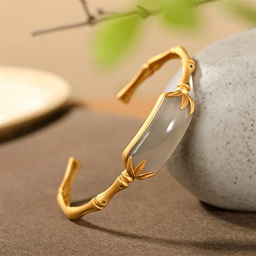 Bracelet en jade de Hetian naturel style or ancien motif feuille de bambou artisanat
