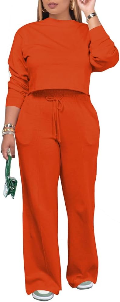 PINSV Women's 2 Piece Outfits Sweatsuit Set Long Sleeve Crop Top Drawstring Wide Leg Pants with Pockets Tracksuits Casual Set