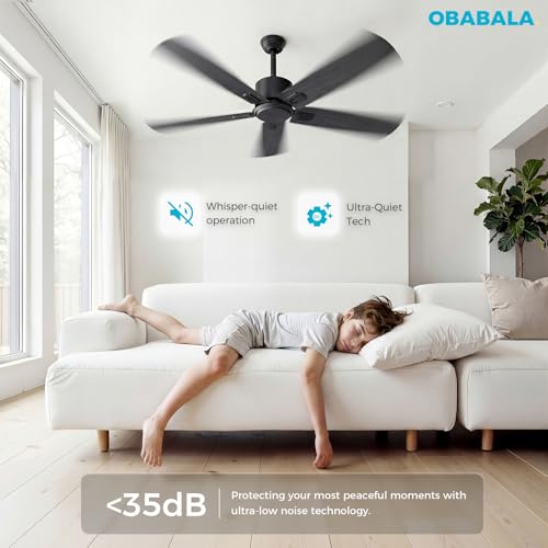 Image of Obabala 52 Inch Ceiling Fan No Light, Modern Black Ceiling Fan Without Light with Remote & APP, Quiet Reversible DC Motor, 6-Speeds, for Living Room, Bedroom, Patio