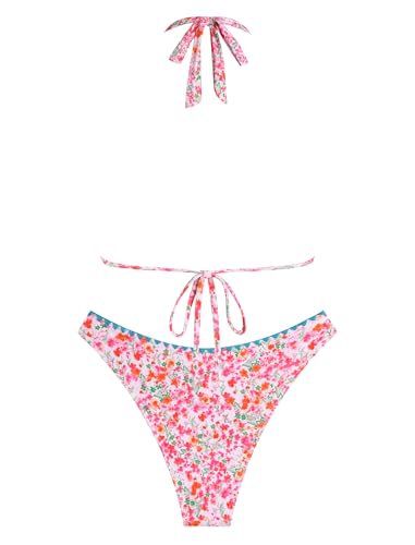 Image of ZAFUL Women Halter Dual Straps Whip Stitch Floral Triangle Bikini Swimsuits
