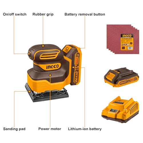 INGCO 20V Cordless 1/4 Sheet Sander 12000RPM Electic Orbital Sander with 1Pcs 2.0Ah Battery and 1Pcs Charger CSHSLI20141 3 INGCO 20V Cordless 1/4 Sheet Sander 12000RPM Electic Orbital Sander with 1Pcs 2.0Ah Battery and 1Pcs Charger CSHSLI20141 - Image 3