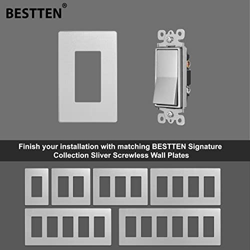 [10 Pack] Bestten Silver 3-Way Decorator Wall Light Switch With Screwless Wallplate, 15A 120/277V, On/Off Rocker Interrupter, Ul Listed #TOP3