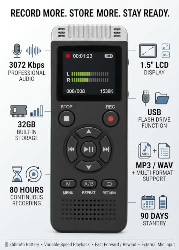 Image of ROCKTECH Digital Voice Recorder 32GB, 3072Kbps HD Recording, 80H Battery, Voice Activated, MP3 WAV FLAC Playback, 1.5 inch LED Display for Meetings, Lectures, Interviews, Students & Journalists