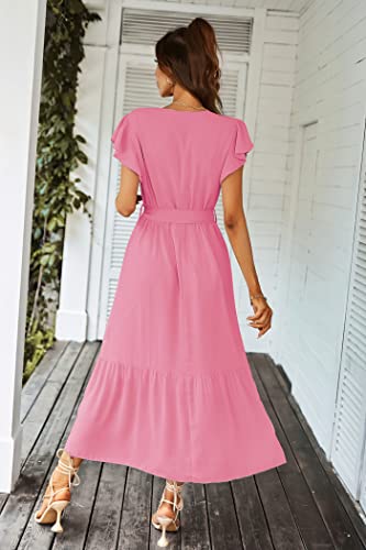 PRETTYGARDEN Women's Summer Floral Boho Maxi Dress Wrap Short Sleeve V Neck Ruffle A-Line Flowy Wedding Guest Long Dresses