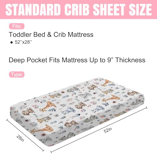 Image of Jungle Safari Animals Boho Floral Baby Crib Sheets 52''x28'' Leopard Elephant Giraffe Zebra Hippo Monkey Stretchy Fitted Crib Mattress Cover for Boy Girl Bed Sheet for Standard Crib Toddler Mattress