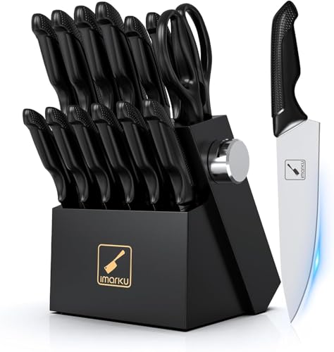 imarku Messerblock mit Messer, 14-TLG Messerset mit Block und Schärfer, Messer Set aus Japanisches Edelstahl mit Ergonomischen Anti-Rutschfester Griff, Spülmaschinenfest, Schwarz