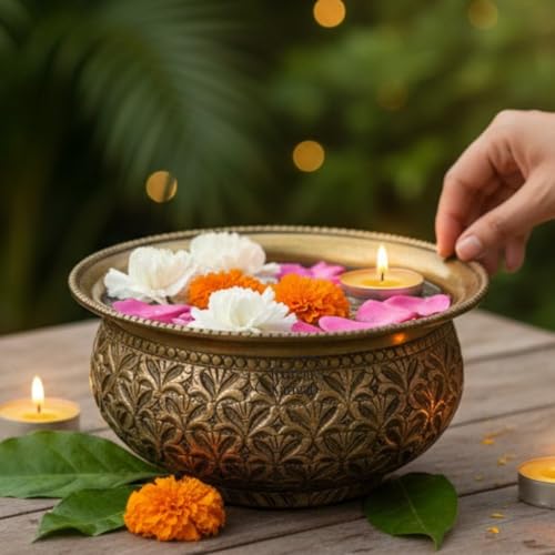 Image of Decorative Brass Chitai 7 inches Urli | Table Centerpiece Flower Floating Bowl | Urali for Mandap, Haldi, Mehendi, Wedding, Reception Decor | Brass Antique | 1000ml