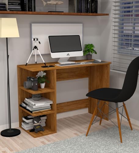 Image of Modern Compact Study Desk with 3 Side Shelves, Space-Saving Home Office Table, Oak Wood Finish, 103x72x40 cm