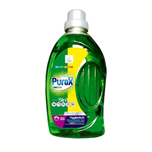 PUROX UNIVERSAL Flüssigwaschmittel 33 Waschladungen 1 l – Universelles Gel, Entfernt Flecken, Farbschonend, Leicht Ausspülbar, Umweltfreundlich, Hand- & Maschinenwäsche, Kalkschutz