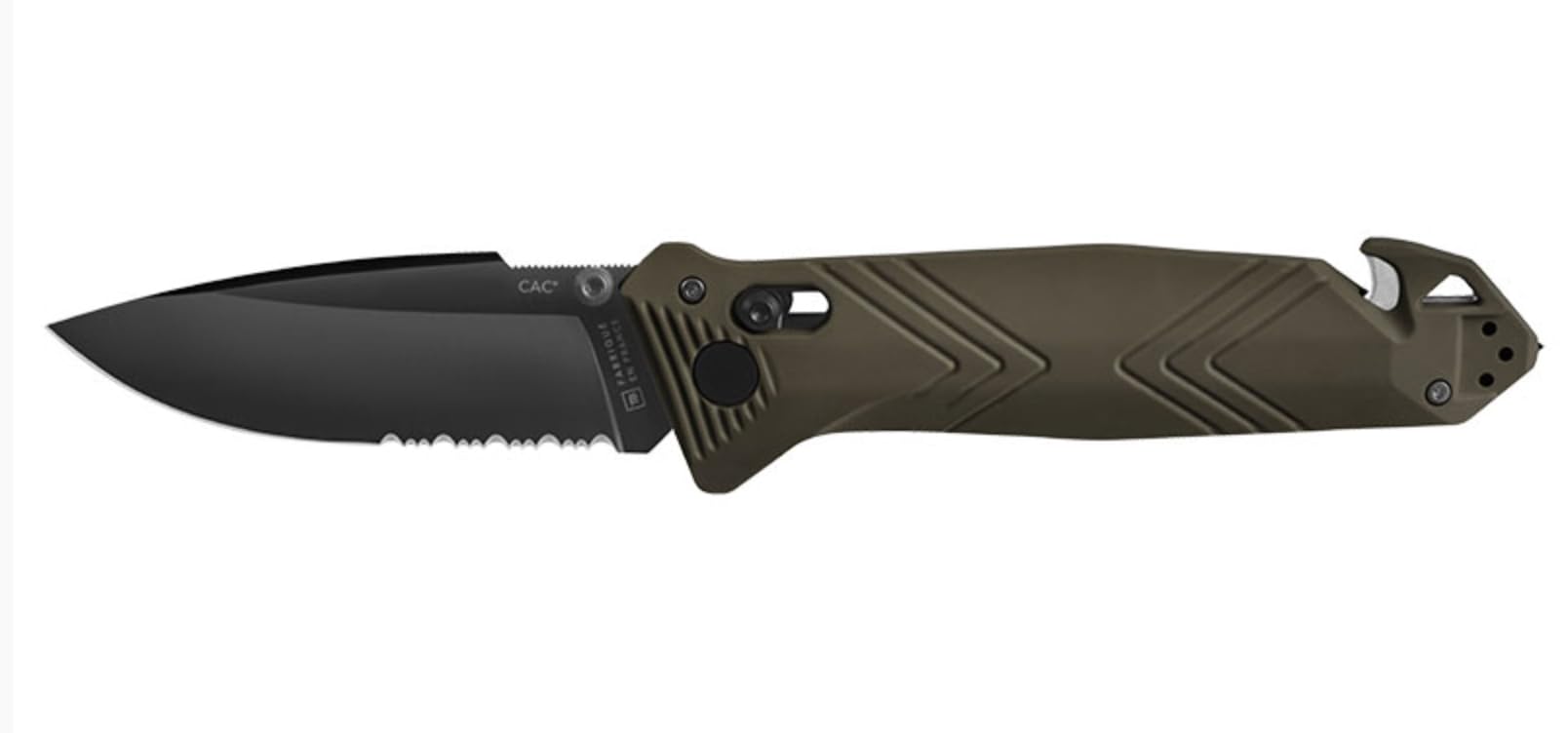 TB Outdoor - Couteau CAC® - Couteau Armée Française - Survie et Outdoor - Lame Anti-Corrosion avec Serrations - Manche PA6 FV Noir - Lame Utile 85 mm