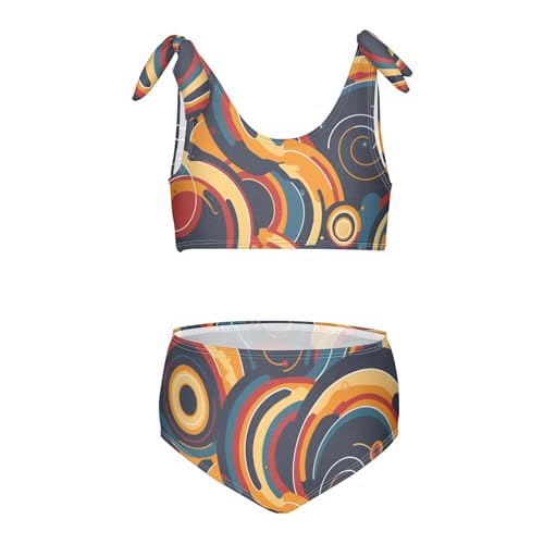 Abstract Texture Colorful Circles Girl Two Piece Kids Bikini Set Scoop Neck Swimsuits Swimwear Adjustable Strap
