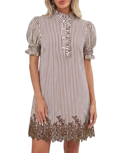 EZAPINE Embroidered Striped Dress for Women Stand Ruffle Collar Puff Sleeve Button Front Shift Dress with Pockets Brown