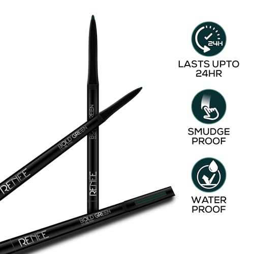 Image of RENEE Kajal Pen with Sharpener - Bold Green 0.35gm 24 Hrs Stay Long Lasting Kohl Pencil, Matte Finish, Rich Color Payoff, Smudge & Water Proof with One Swipe Application Formula