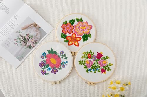 Image of Looples Embroidery Kit for Beginners and Adults with Video Tutorials - DIY Starter Kit with 3 Stamped Floral Patterns, Hoops, Threads, Needles, and Instructions (Floral)