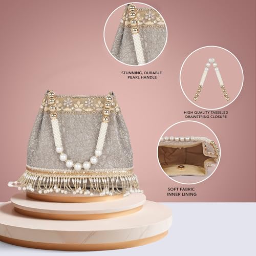 Image of Nevis PU Silk Fabric Women's Embellished Potli Bag with Pearl Handle & Fringe Detailing | Designe Wedding & Festive Handbag