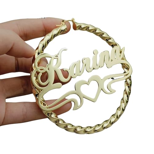 SingSun Custom Name Hoop Earrings 30/50/70/90mm - 90s Gold Heart Design for Women, Personalized Engraved Gifts with Box (18K Plated)2
