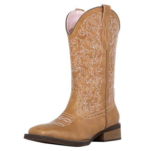 SheSole Cowboy Boots For Women Wide Square Toe Mid Calf Ladies Western Cowgirl Boots Brown US Size 7